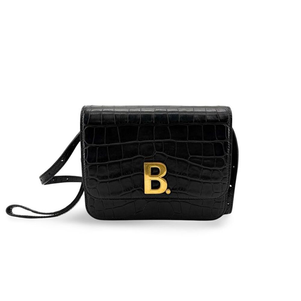 Balenciaga B. Small Shoulder Bag Black Crocodile Embossed Gold Hardware